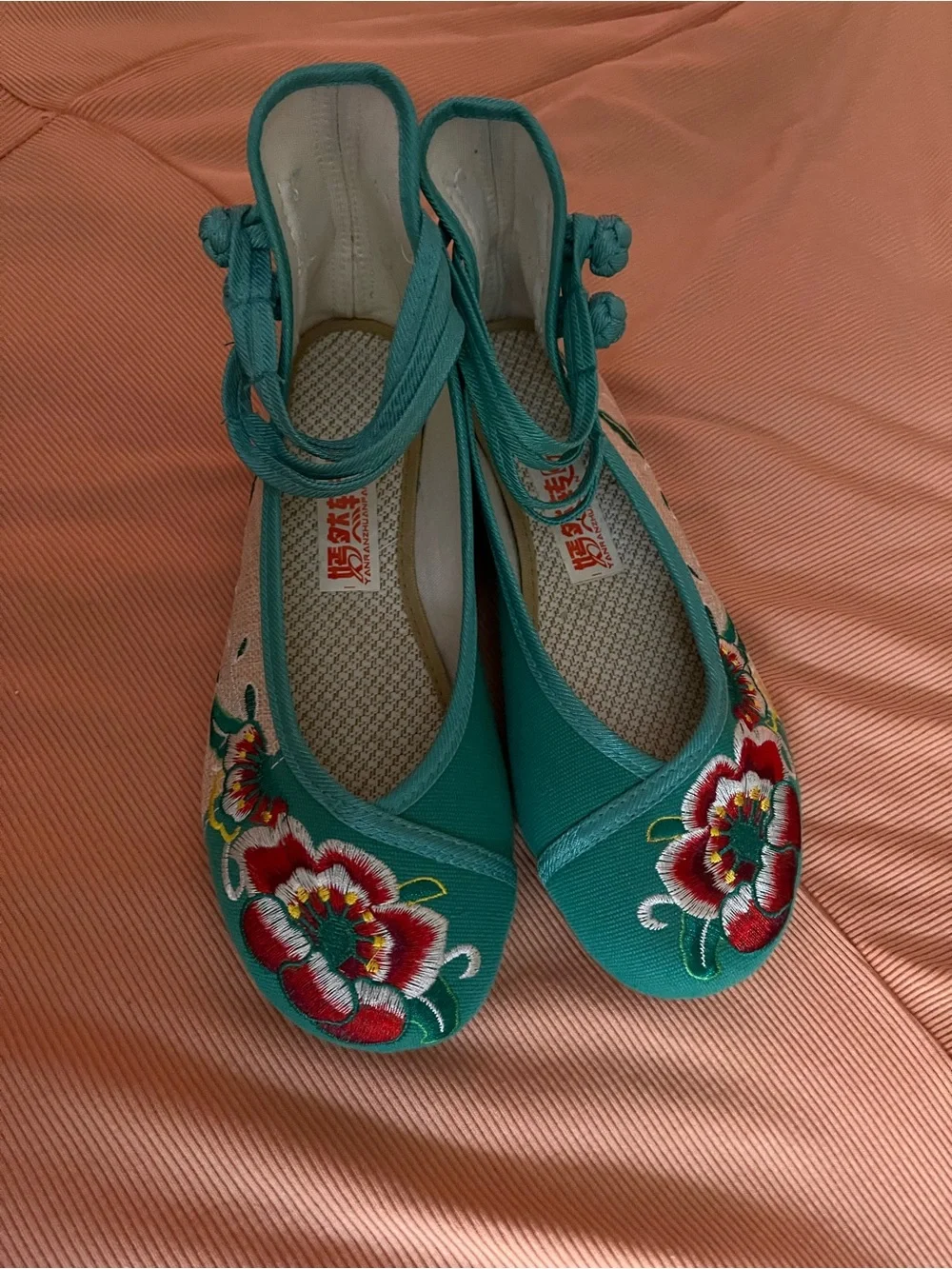 Teal and Cream Embroidered Floral Wedge Flats - Women